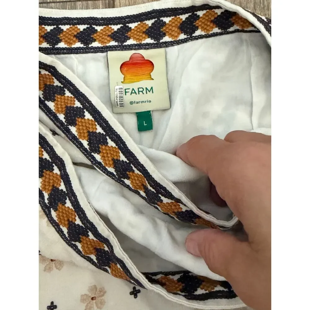 Farm Rio Wrap Midi Skirt Size L Off White Linen Flower Fan Tapestry Tie-Waist